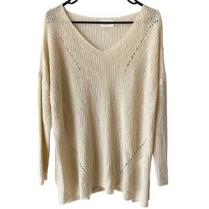 DREAMERS Open Knit Oversized Sweater Beige M/L V Neck Long Sleeve Lightweight